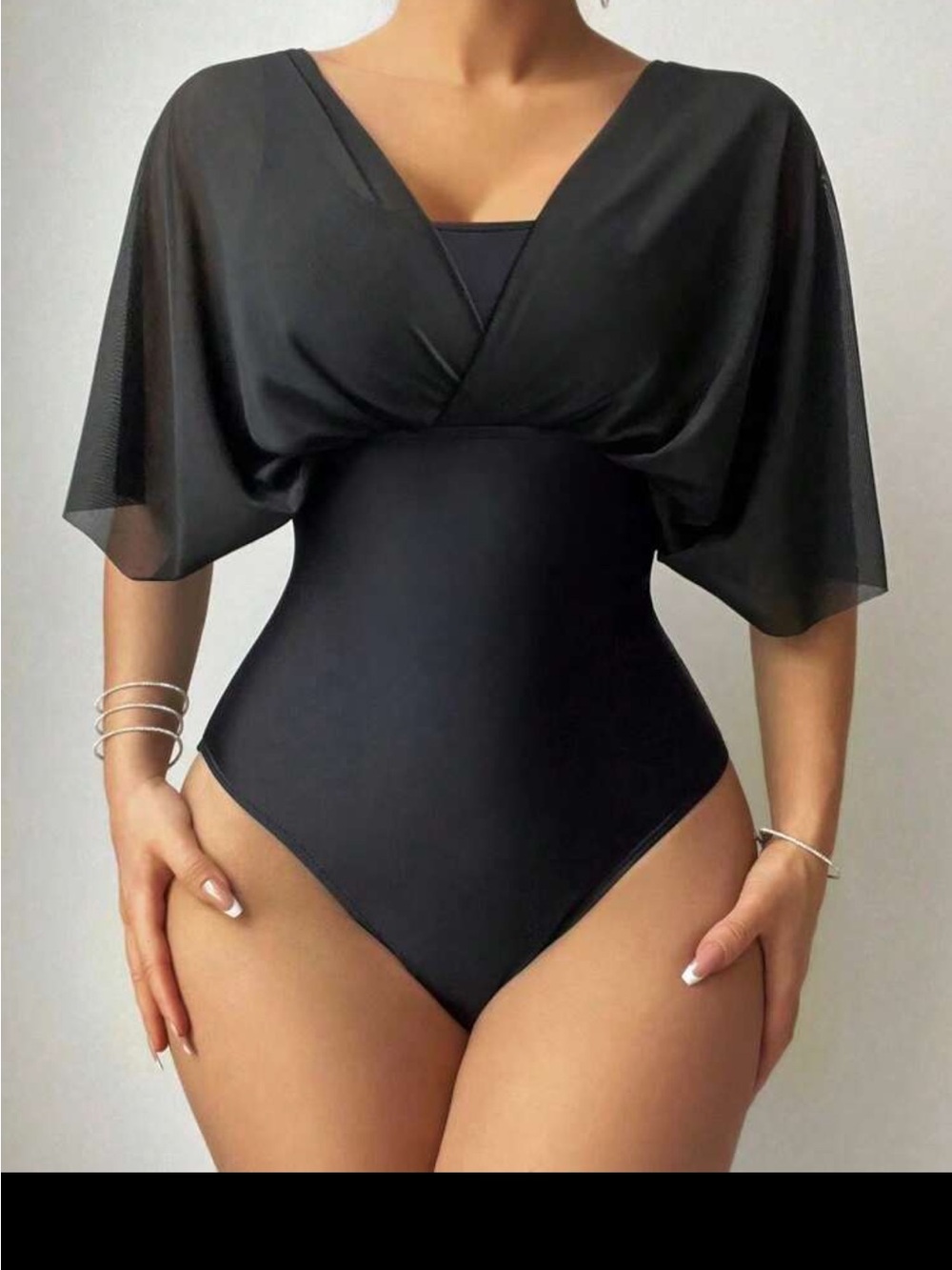 Black One-Piece Women’s Swimwear with Draped Sheer Top - Picture 3 of 4